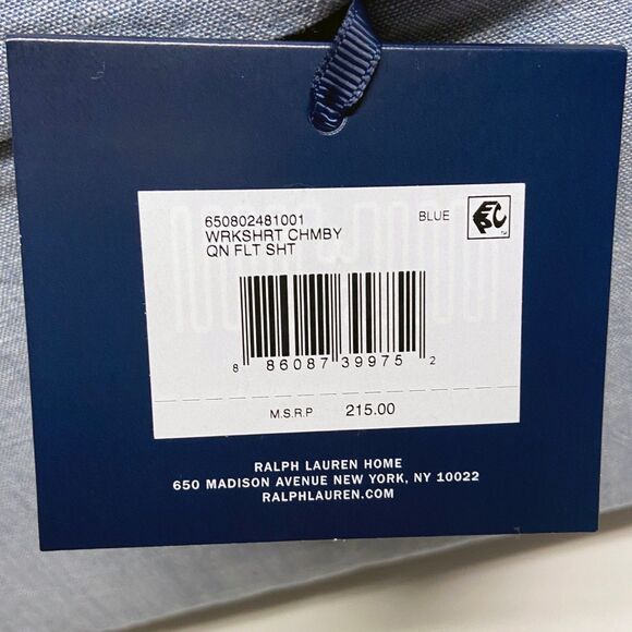 Ralph Lauren Workshirt Chambray Queen Flat Sheet Blue Yarn-Dyed Cotton - Picture 5 of 7